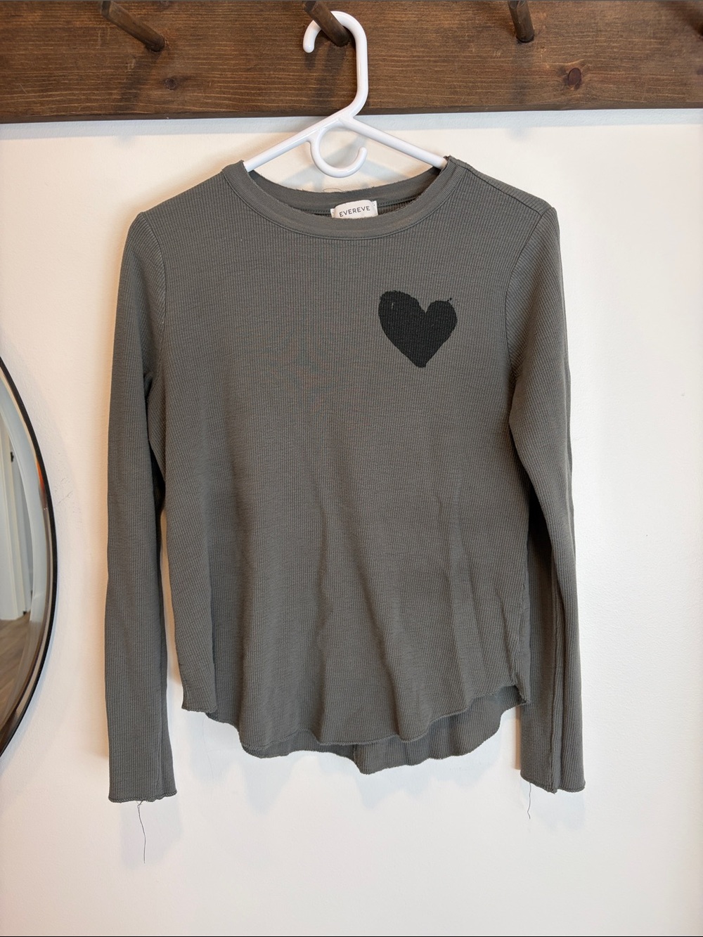 Evereve Olive Green Long Sleeve Thermal Top with Black Heart